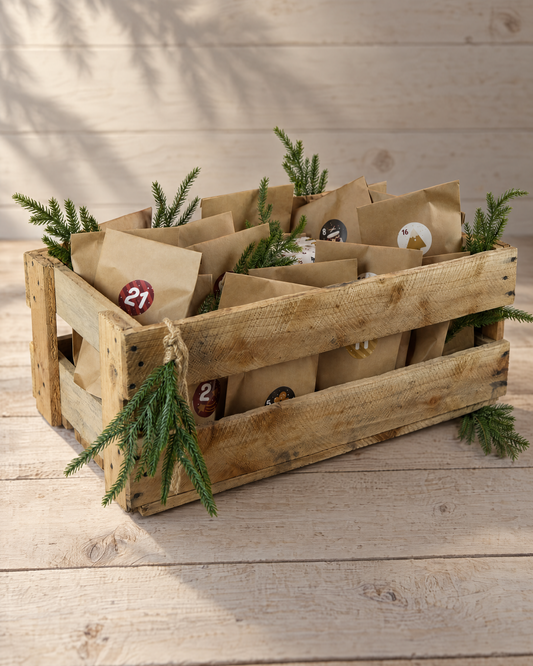 Schnaps- und Likör-Adventskalender der Brennerei Fink: Holzkiste mit nummerierten Kraftpapiertüten und Tannenzweigen